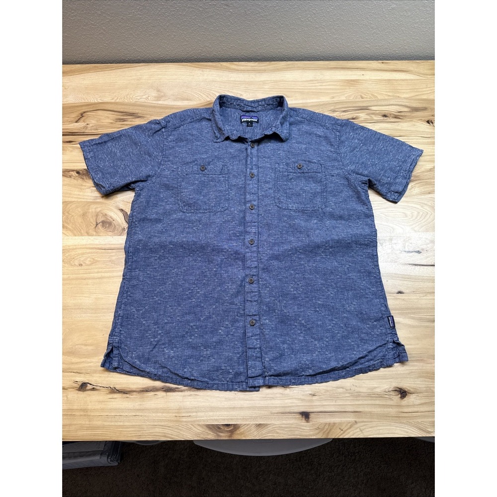 Patagonia Shirt Back Step Short Sleeve Men's XL Blue White Hemp Organic Cotton